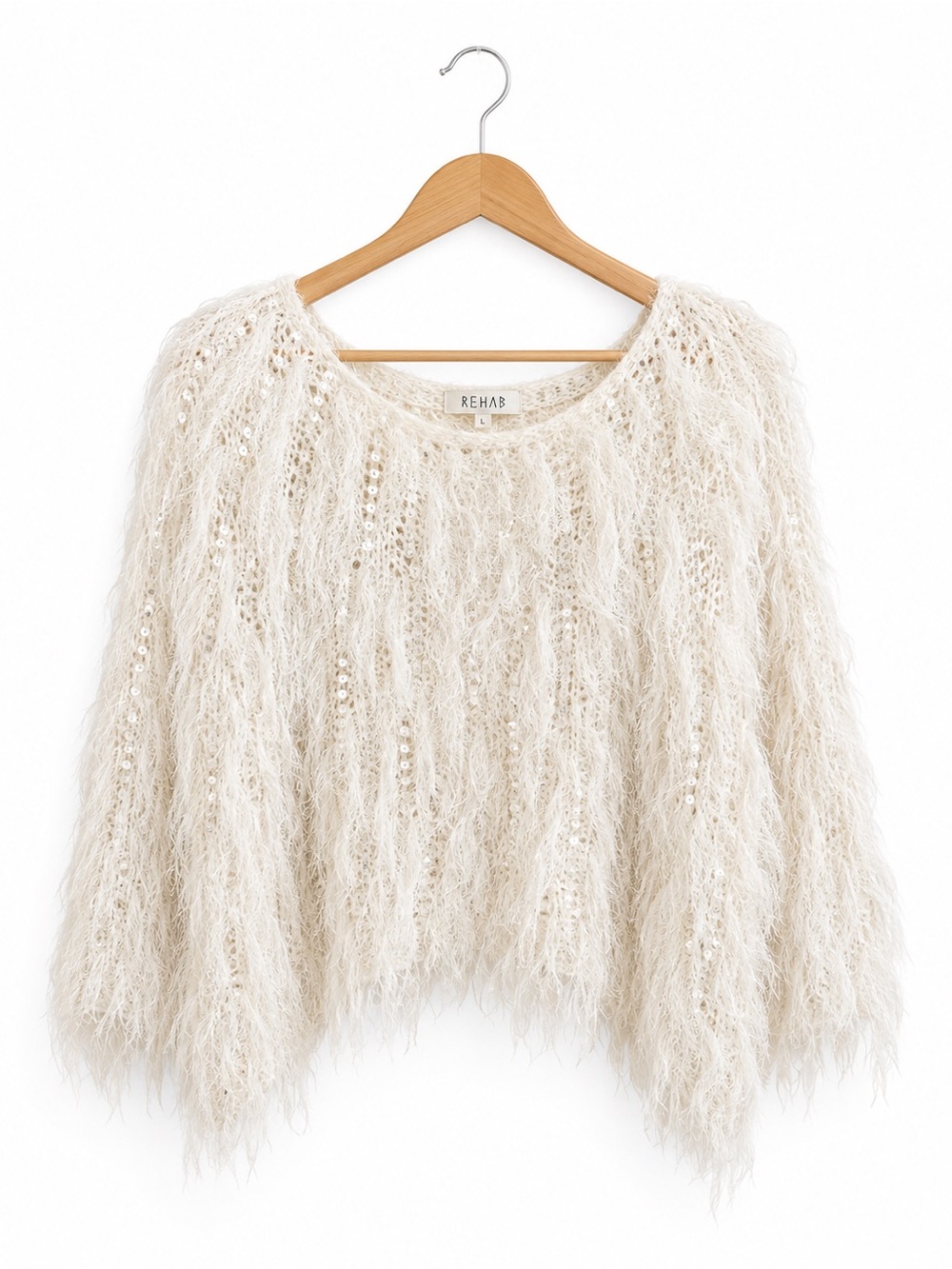 Rehab Ivory Eyelash Fringe Sweater Large Sequin Shaggy Boho Statement Top